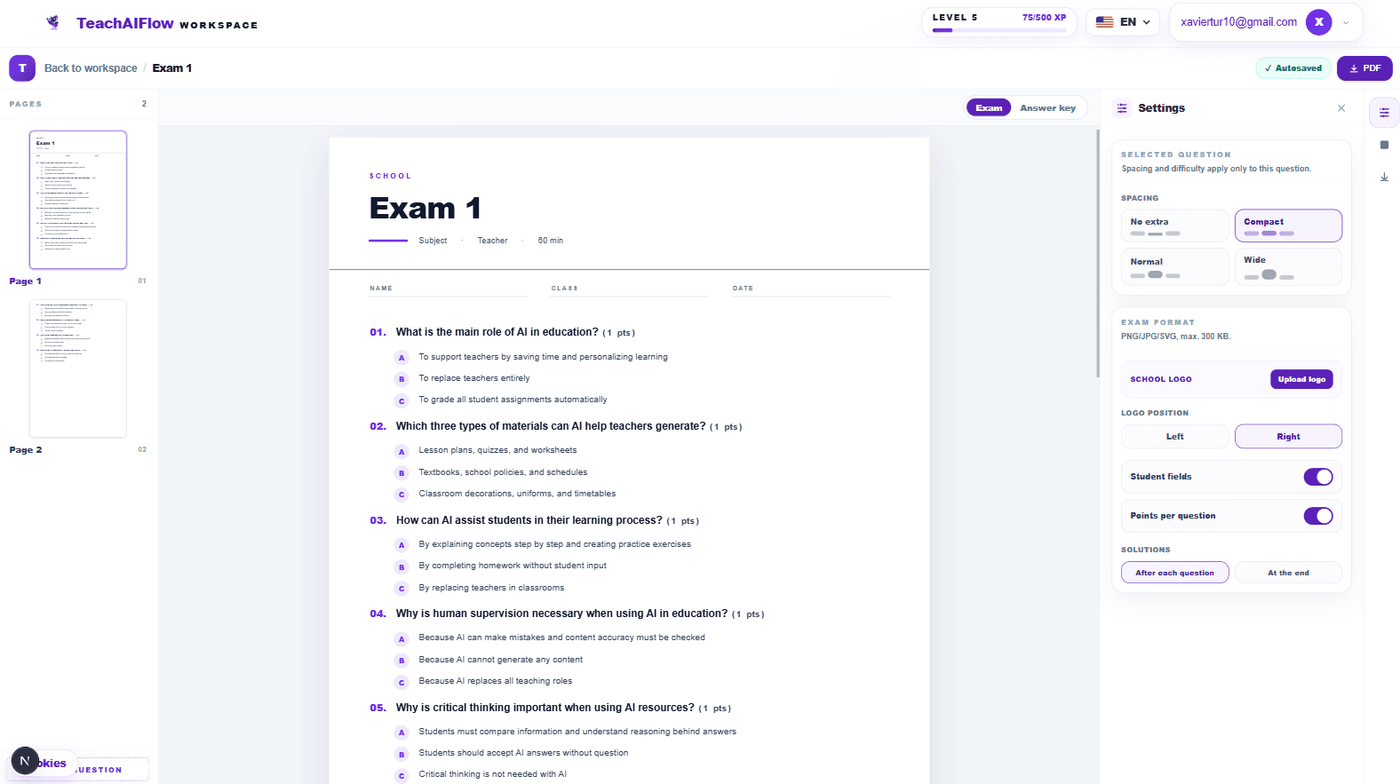 TeachAIFlow exam editor — refine each question after the AI generates it