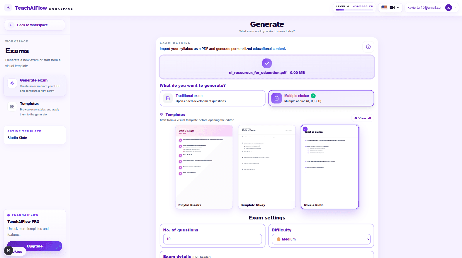 TeachAIFlow AI exam generator — describe the assessment and generate the exam