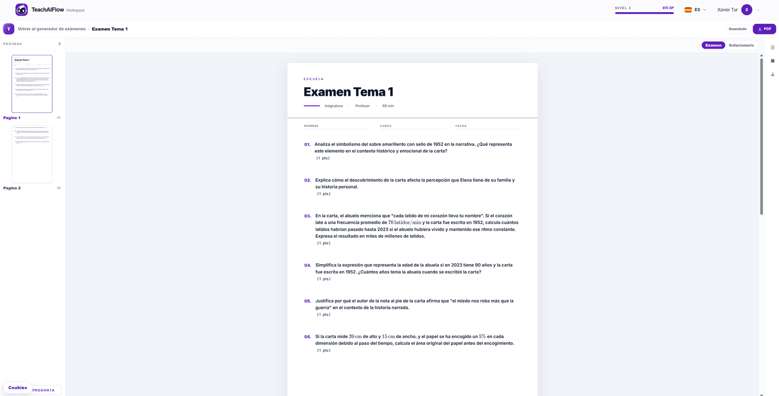 Editor de examenes de TeachAIFlow: refina cada pregunta tras generarla con IA