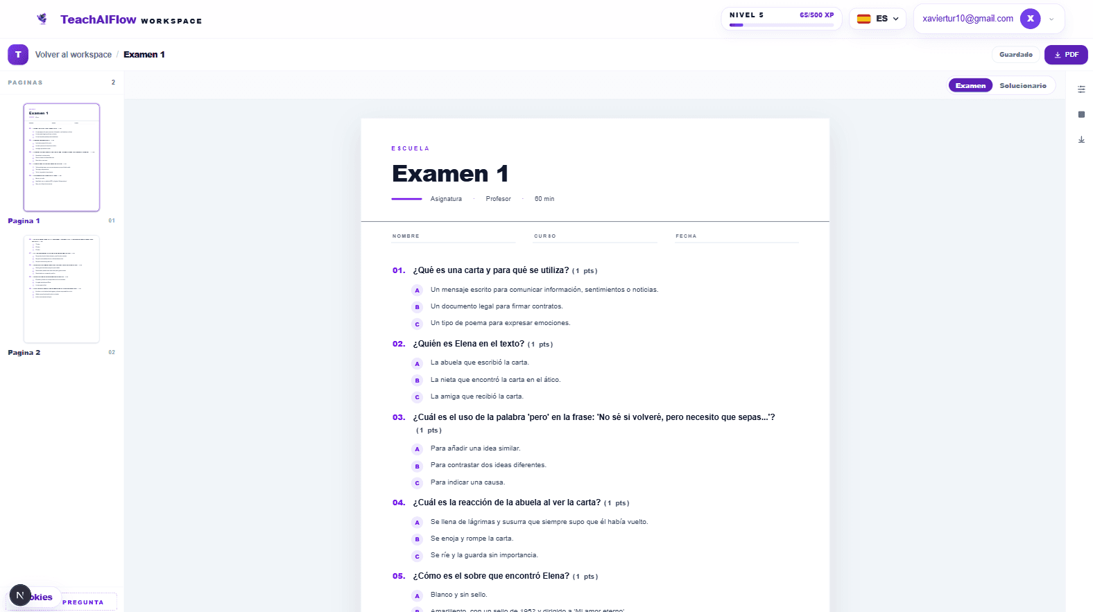 Editor de examenes de TeachAIFlow — refina cada pregunta tras generarla con IA