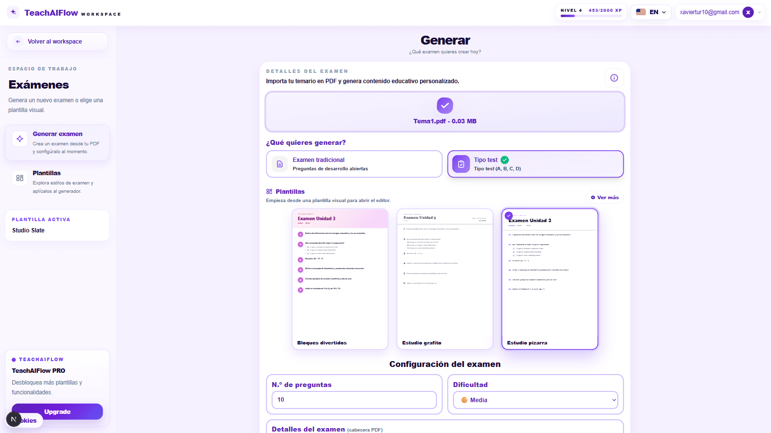 Generador de examenes con IA de TeachAIFlow — describe la evaluacion y genera el examen