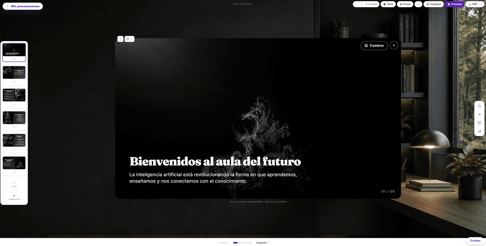 Editor de presentaciones de TeachAIFlow: refina cada diapositiva tras generarla con IA