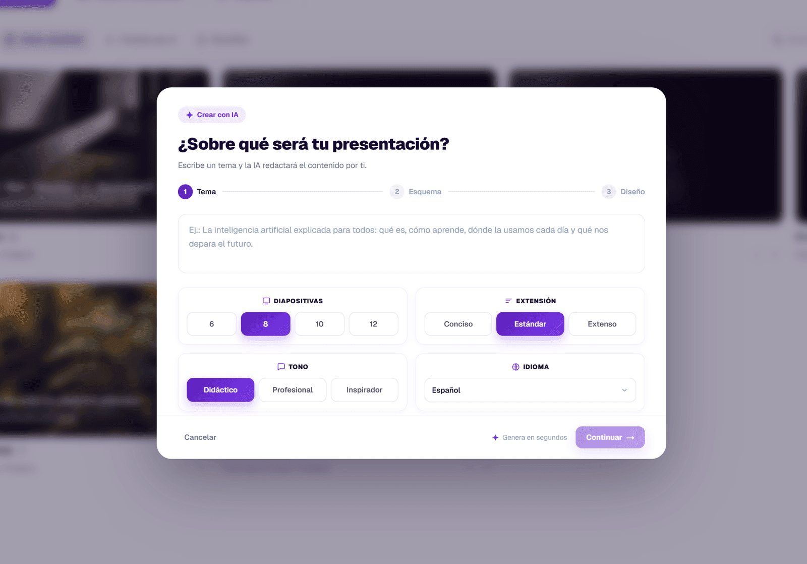 Generador de presentaciones con IA de TeachAIFlow: describe la clase y genera diapositivas
