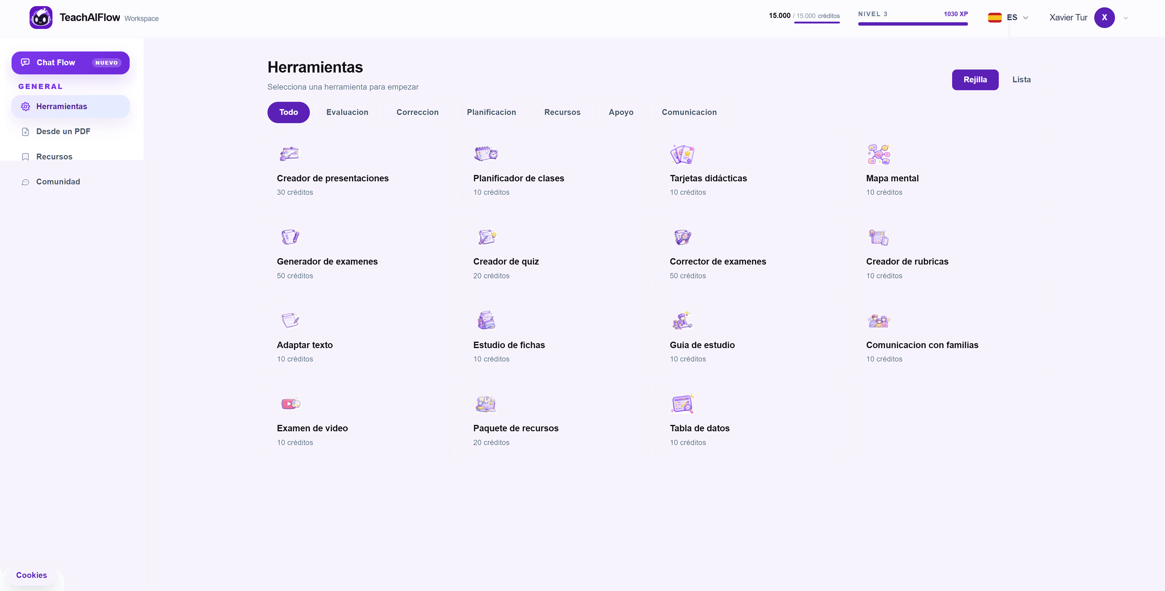 Workspace de TeachAIFlow con el corrector de examenes con IA