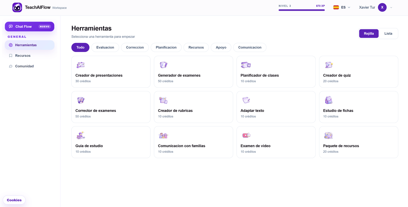 TeachAIFlow workspace — herramientas con IA para docentes