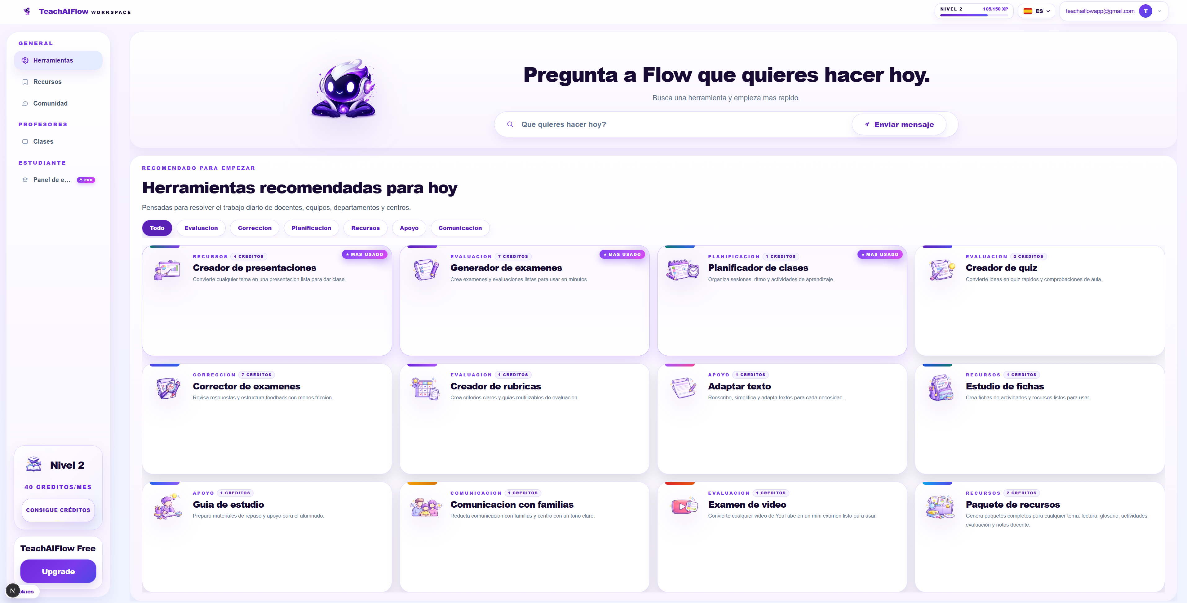 TeachAIFlow workspace — herramientas con IA para docentes